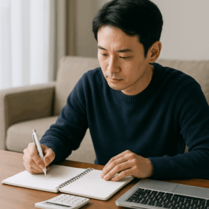 電卓とノートを並べながら節税プランを立てている日本人フリーランス