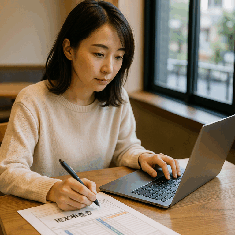 カフェでノートPCを広げ、確定申告作業を進めている日本人フリーランスの姿