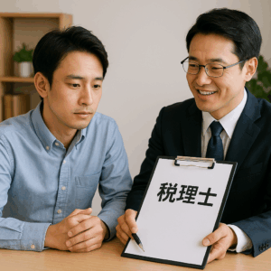 税理士に相談する日本人男性と相談に応じる専門家の場面