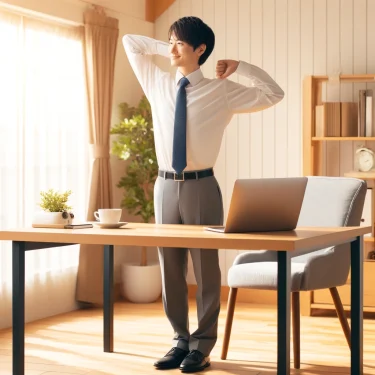 明るいホームオフィスで笑顔で軽いストレッチを行う日本のビジネスパーソン。整ったデスク、ラップトップ、観葉植物が配置され、健康と生産性を象徴するリモートワーク環境。