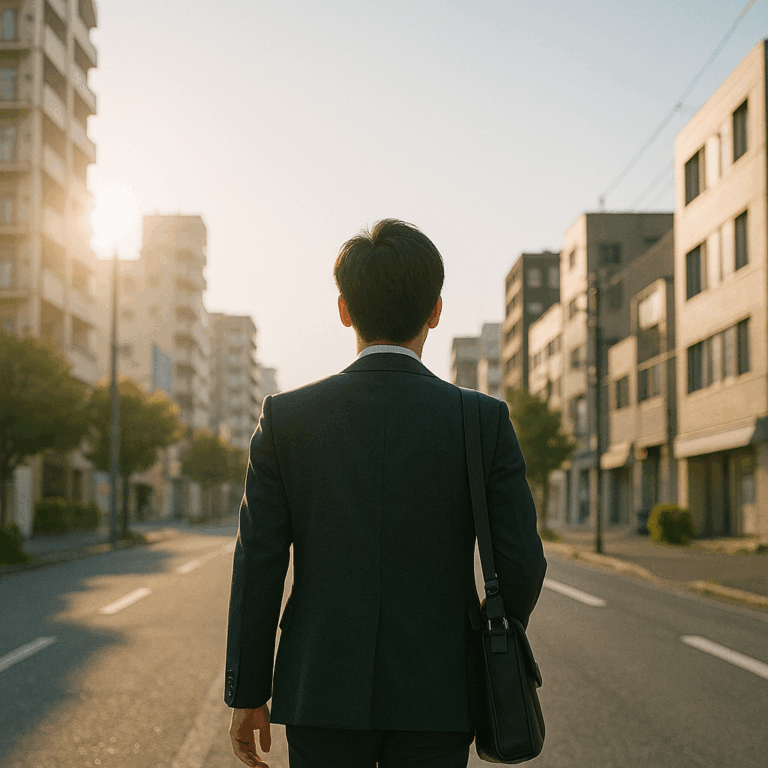会社員から独立を目指す日本人が朝日を背に街を歩き出す後ろ姿。希望と一歩目を象徴する写真