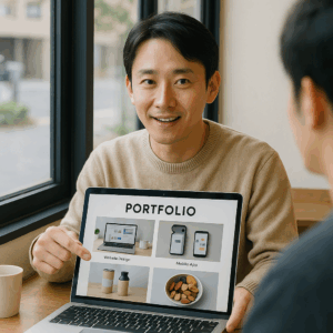 ノートPCに一枚ポートフォリオを表示し、相手に指で要点を示す日本人フリーランサー。