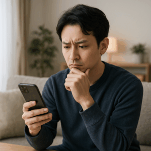 スマホを手に広告を眺め、悩む日本人男性。背景は落ち着いたリビング