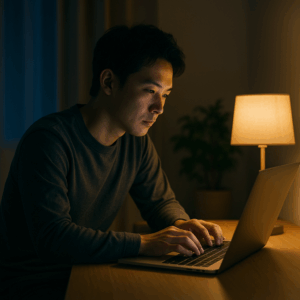 自宅のデスクでノートPCを開き、未来の独立を思い描きながら作業する日本人男性。集中した表情で夜の雰囲気。