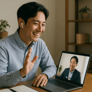 オンラインで副業仲間と画面越しに打ち合わせをする日本人男性。笑顔で意見を交換する姿。