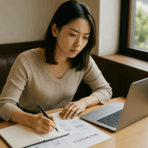 カフェで資料を広げ、自分の強みを整理しながらブランディングを考える日本人女性。自然光の差し込む席で真剣な表情。