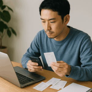 領収書を整理しながら家計簿アプリに入力する日本人男性。ノートPCとスマホを使い、税務管理を意識している。