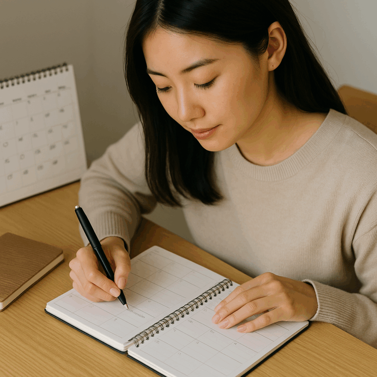 スケジュール帳に予定を書き込みながら自己管理を徹底する日本人女性。机の上にはカレンダーとノートが置かれている。