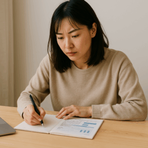 副業を始めようと資料を見ながら計画を立てる日本人女性。真剣な表情でノートにペンを走らせている。