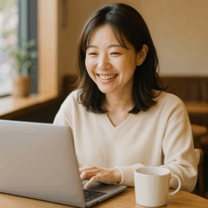 朝のカフェでノートPCとコーヒーを前に自然な笑顔で作業する日本人女性。