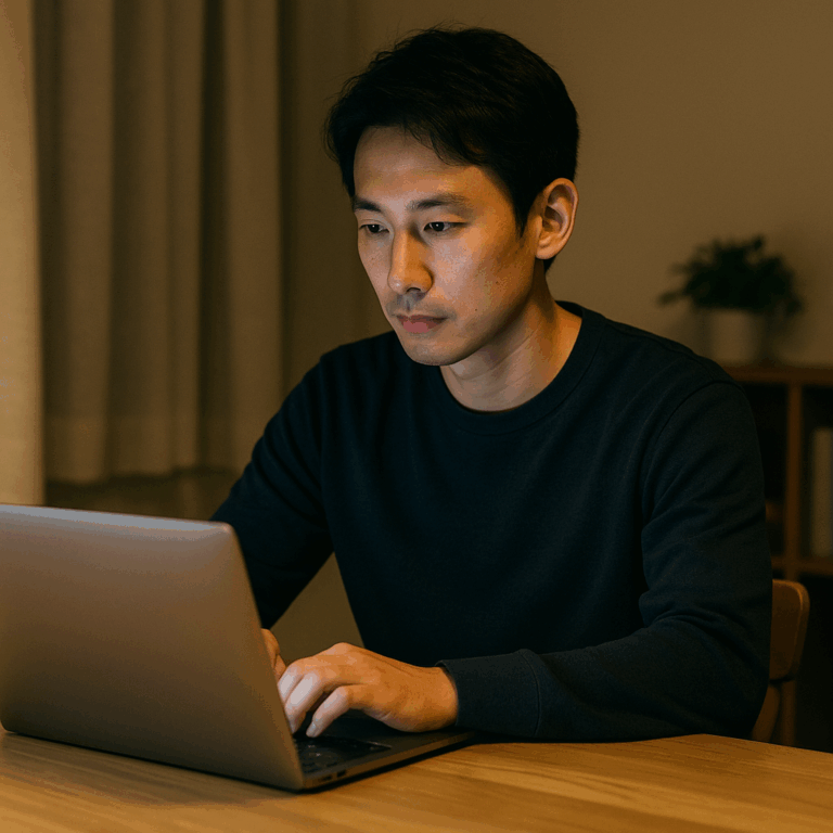 ノートPCを開いて副業の作業に集中する日本人男性の写真風イメージ。夜の自宅デスクで落ち着いた雰囲気。