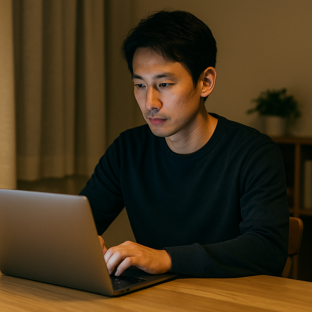ノートPCを開いて副業の作業に集中する日本人男性の写真風イメージ。夜の自宅デスクで落ち着いた雰囲気。