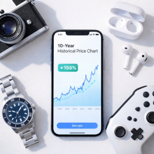 スマートフォンに表示されたオークファンの10年間の価格推移チャートと、周囲に配置されたヴィンテージカメラ、高級時計、家電製品
