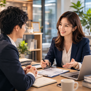 キャリアアドバイザーと熱心に面談を行う転職希望者の様子