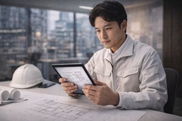 建築現場の設計図をタブレットで確認する施工管理職を目指す求職者の様子
