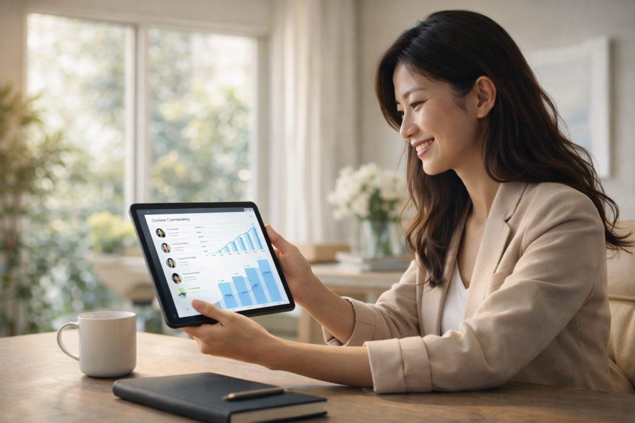 YOORを利用して審査なしでオンラインサロンを開設し、自宅オフィスで成功を実感する女性クリエイター