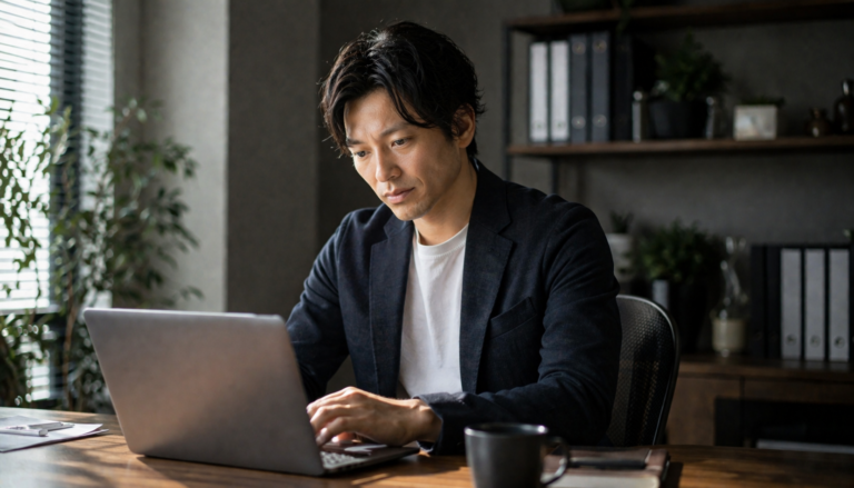 最新のAIツールを活用しながらパソコン作業を行う日本人ビジネスパーソンのリアルな作業風景