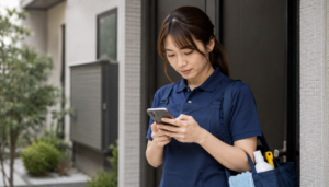 スマートフォンで清掃案件のスケジュールを確認している日本人ハウスクリーニング作業員のリアルな風景