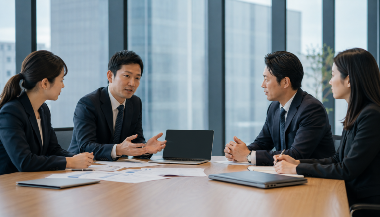 日本企業の担当者が会議室で日韓ビジネスの人材育成や取引体制について真剣に話し合っている写真風画像