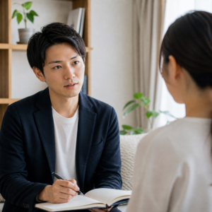 落ち着いた室内で対話を通じてコーチングの練習をしている日本人同士のリアルな様子