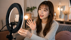 リングライトを使いながら自宅でライブ配信を行っている日本人女性ライバーのリアルな様子