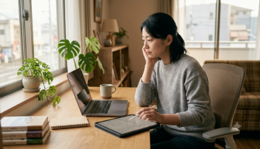 エキスパーツメンバーシップの評判を確認しながら作業するフリーランス女性