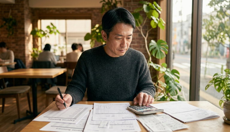エキスパーツメンバーシップの料金プランを計算しながら検討する男性