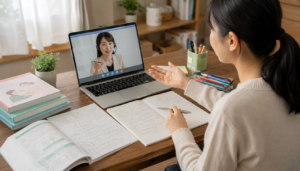 看護学校受験のオンライン個別指導で学習のフィードバックを受ける社会人