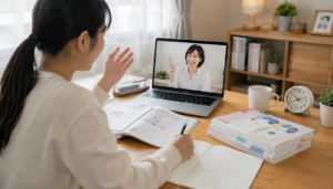 社会人が自宅で看護受験のオンライン個別指導を受ける様子