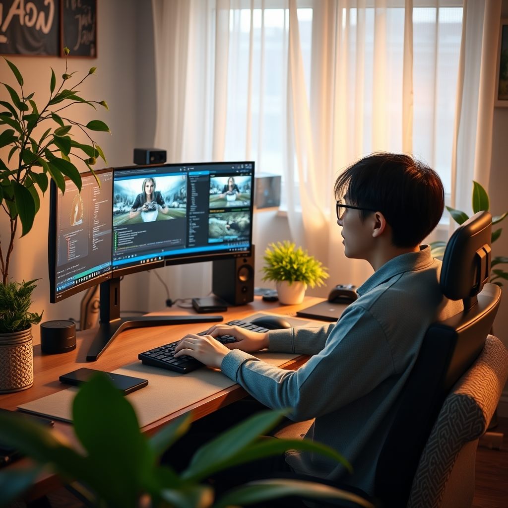 自宅でゲーム関連の仕事を進める人のイメージ